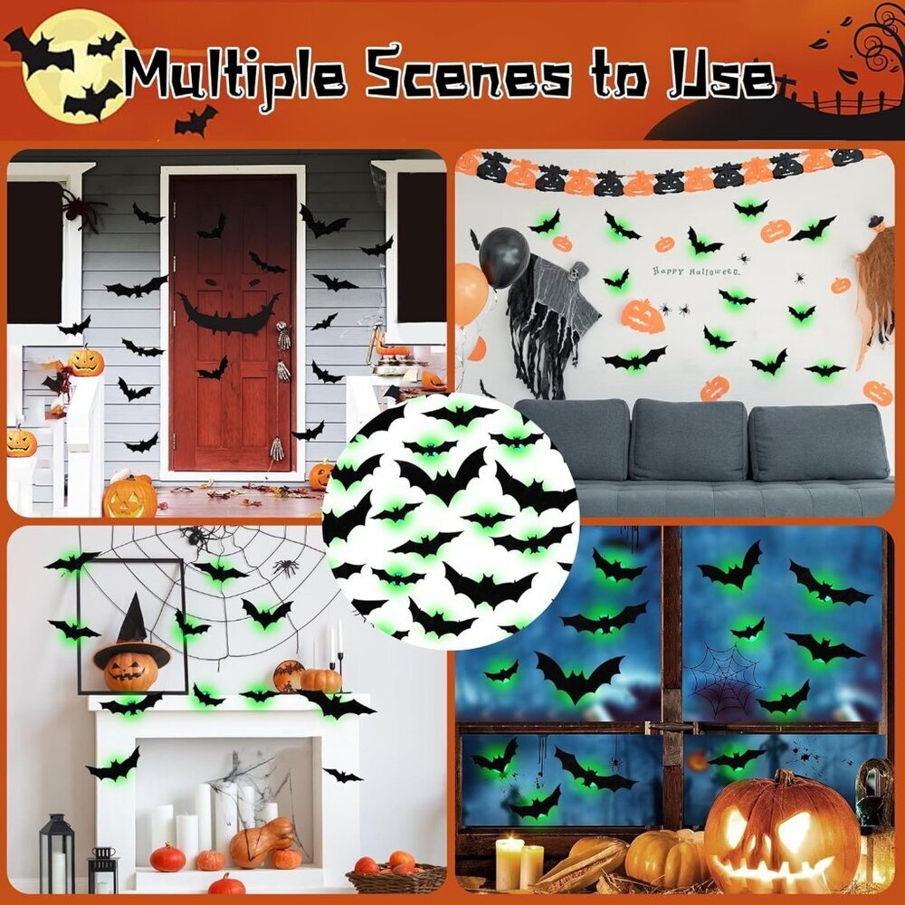 36 Pack Bats Halloween Decorations- Light Up Bat Wall Stickers with Green LED, 3 - Picture 7 of 7